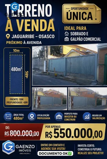 Foto 1 de Terreno / Lote à venda, 480m2 em Jaguaribe, Osasco - SP