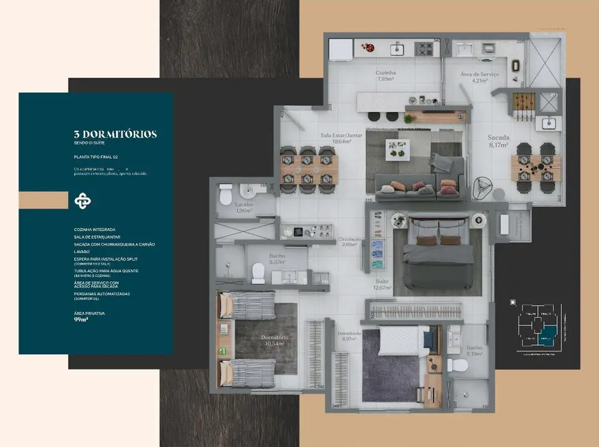 Foto 9 de Apartamento com 3 quartos à venda, 155m2 em Santa Bárbara, Criciuma - SC