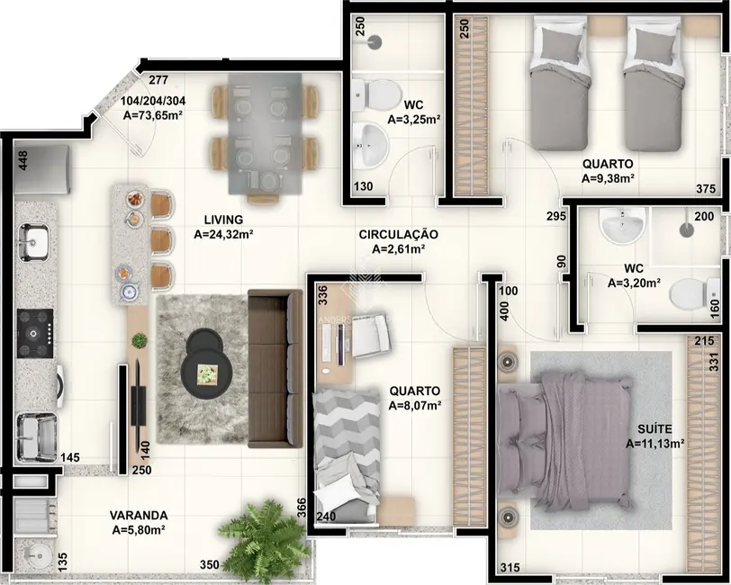 Foto 6 de Apartamento com 3 quartos à venda, 73m2 em Nova Palhoça, Palhoca - SC