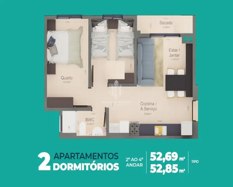 Foto 8 de Apartamento com 2 quartos à venda, 53m2 em São Sebastião, Palhoca - SC