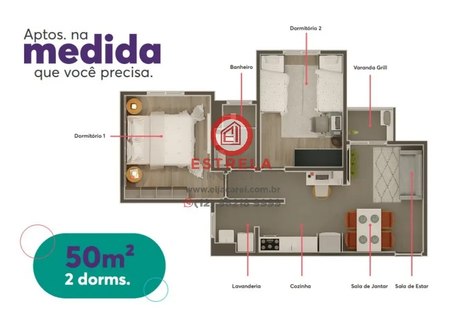 Foto 2 de Apartamento com 2 quartos à venda, 55m2 em Loteamento Jardim Sol Nascente, Jacarei - SP