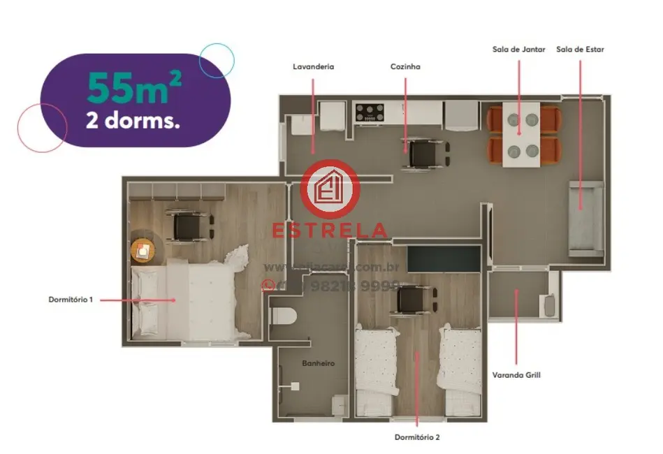 Foto 1 de Apartamento com 2 quartos à venda, 55m2 em Loteamento Jardim Sol Nascente, Jacarei - SP