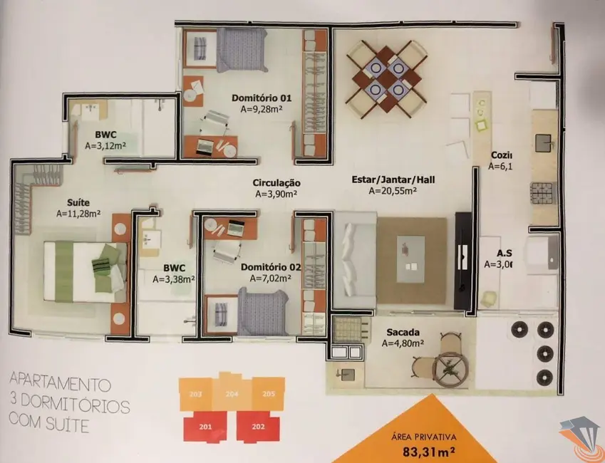 Foto 6 de Apartamento com 3 quartos à venda, 84m2 em Rio Caveiras, Biguacu - SC