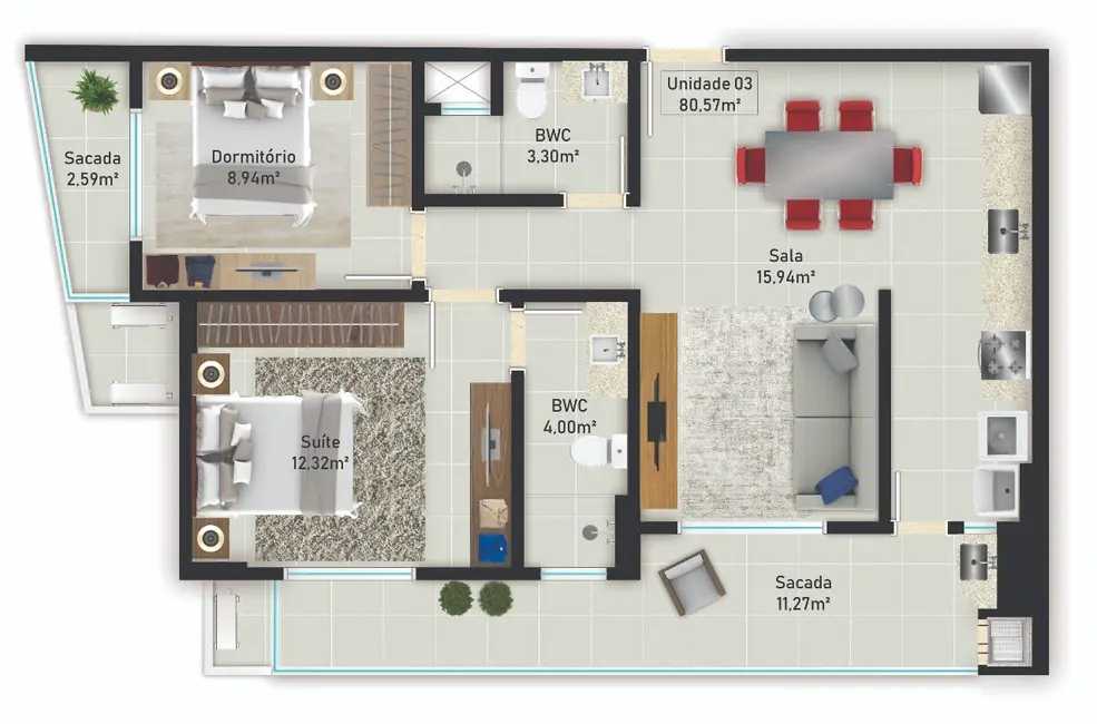 Apartamento com 2 quartos à venda, 76m2 em Barreiros, Sao Jose - SC - imagem 5 Foto 5 de Apartamento com 2 quartos à venda, 76m2 em Barreiros, Sao Jose - SC