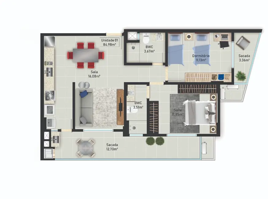 Apartamento com 2 quartos à venda, 76m2 em Barreiros, Sao Jose - SC - imagem 3 Foto 3 de Apartamento com 2 quartos à venda, 76m2 em Barreiros, Sao Jose - SC