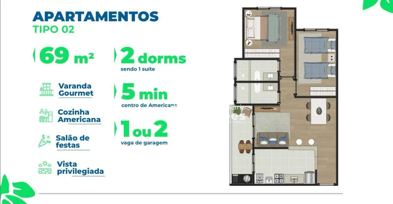 Foto 2 de Apartamento com 2 quartos à venda, 69m2 em Jardim Dona Judith, Americana - SP