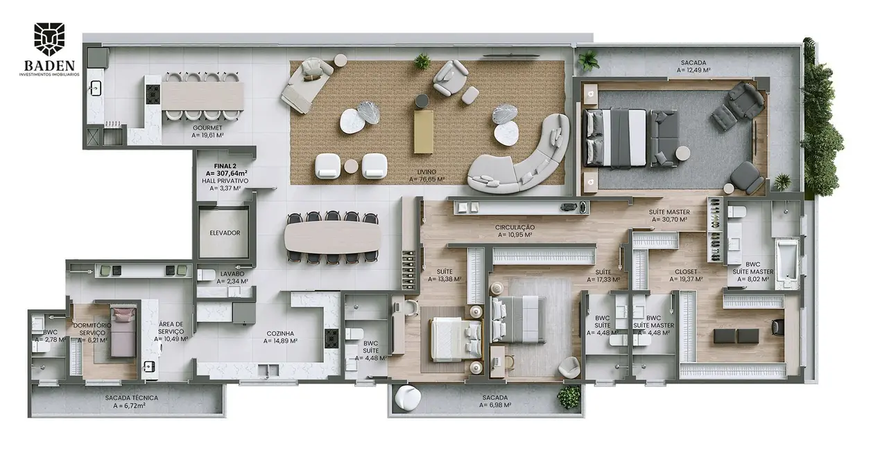 Apartamento com 4 quartos à venda, 308m2 em Itajai - SC - imagem 6 Foto 6 de Apartamento com 4 quartos à venda, 308m2 em Itajai - SC