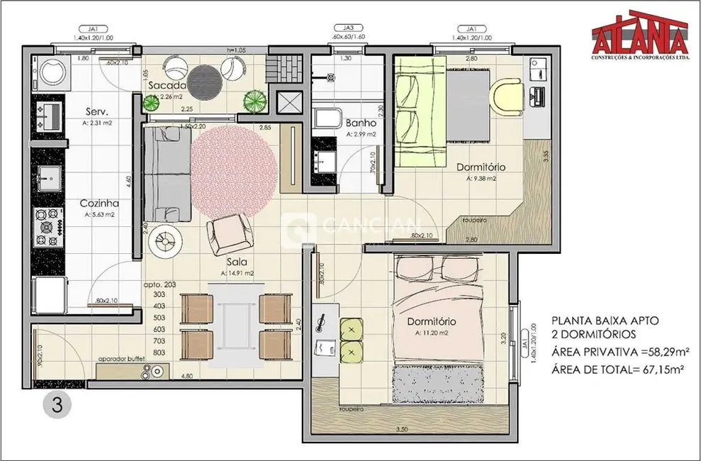 Foto 2 de Apartamento com 2 quartos à venda, 58m2 em Uglione, Santa Maria - RS