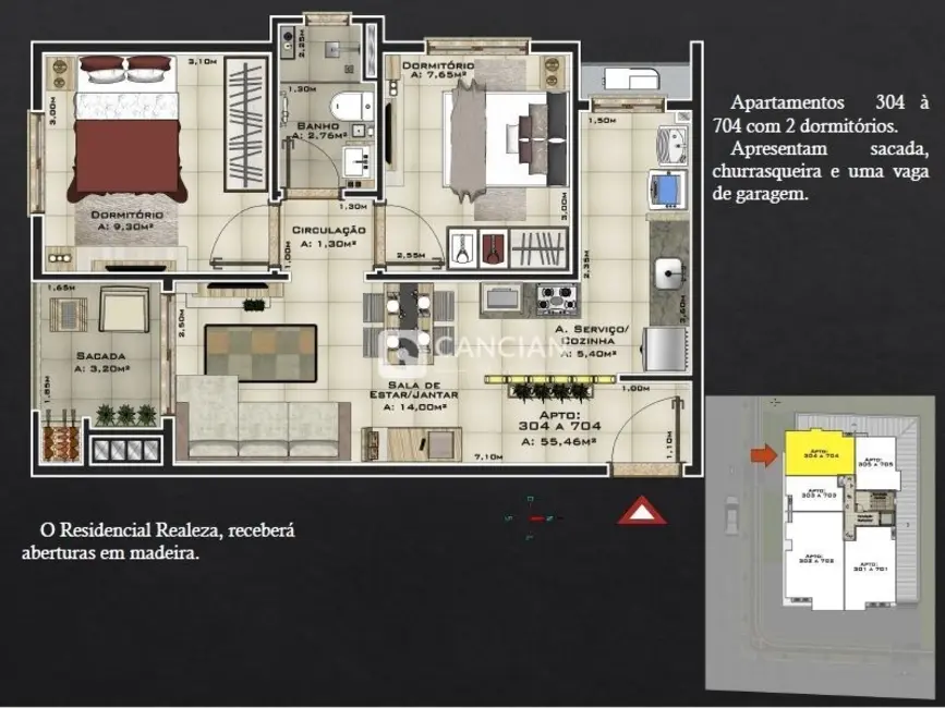 Foto 3 de Apartamento com 2 quartos à venda, 55m2 em Camobi, Santa Maria - RS