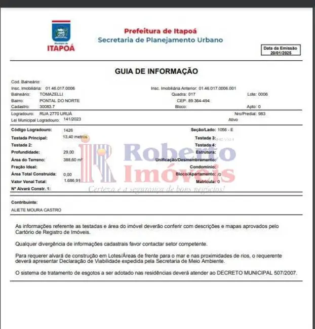 Foto 5 de Terreno / Lote à venda, 389m2 em Itapoa - SC