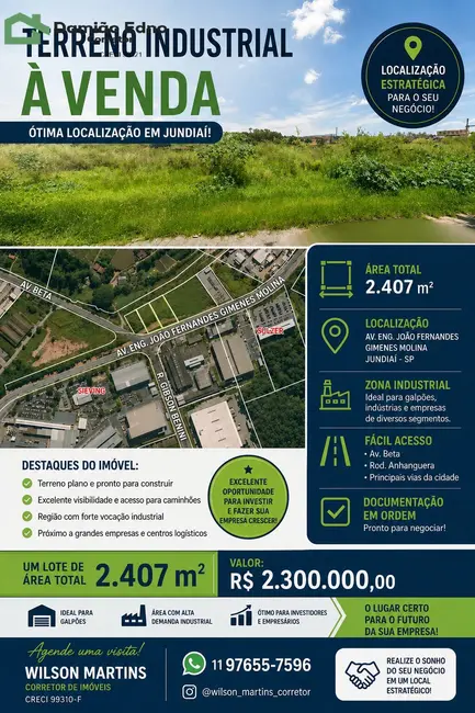 Foto 3 de Terreno / Lote à venda, 2407m2 em Distrito Industrial, Jundiai - SP