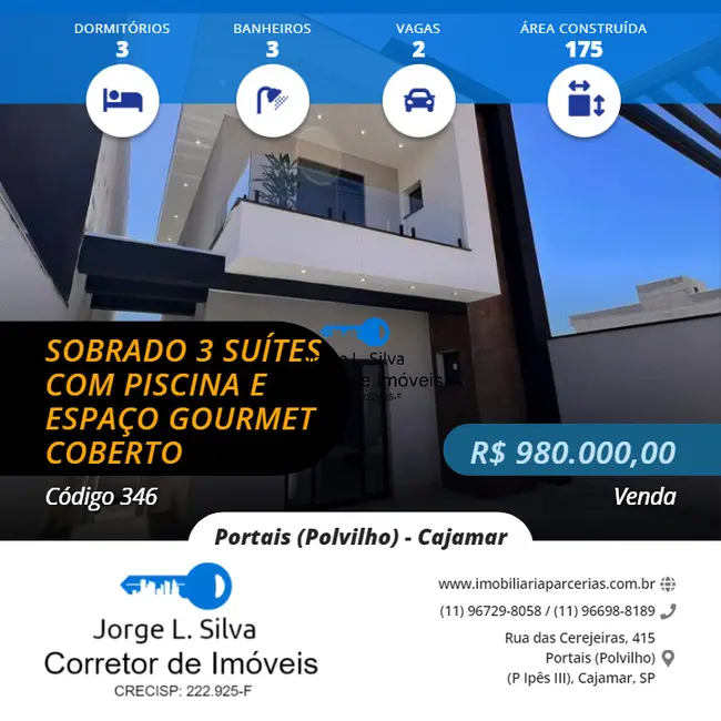 Foto 1 de Sobrado com 3 quartos à venda, 175m2 em Portais (Polvilho), Cajamar - SP