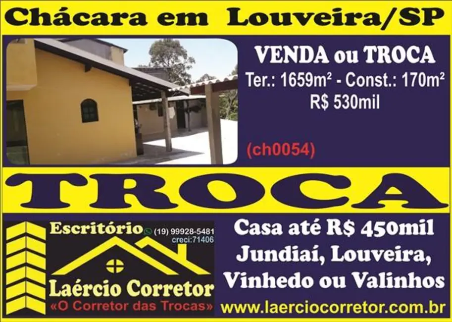 Foto 1 de Chácara com 3 quartos à venda, 170m2 em Louveira - SP
