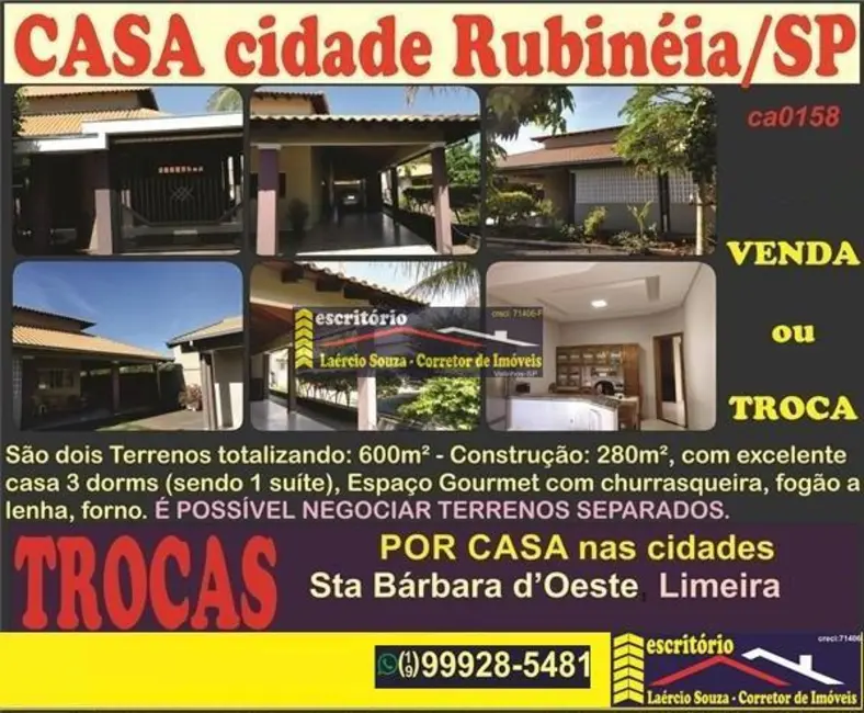 Foto 1 de Casa com 3 quartos à venda, 280m2 em Rubineia - SP