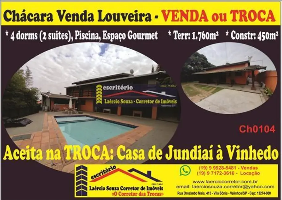 Foto 1 de Chácara com 4 quartos à venda, 450m2 em Louveira - SP