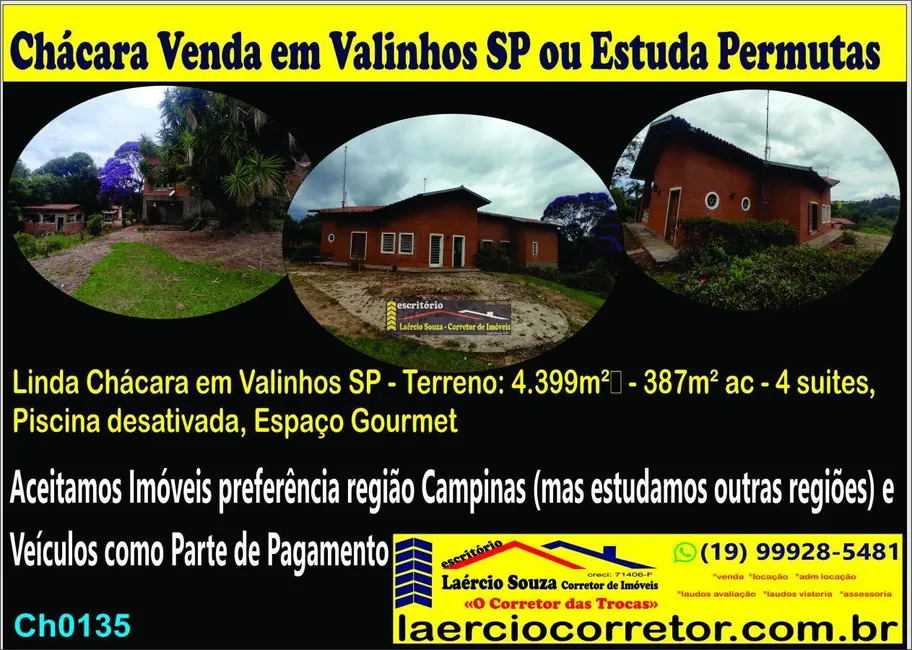 Foto 1 de Chácara com 4 quartos à venda, 387m2 em Valinhos - SP