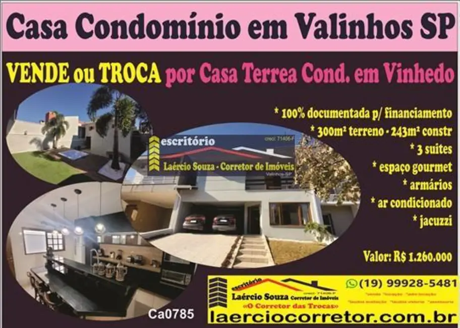 Foto 1 de Casa de Condomínio com 3 quartos à venda, 236m2 em Valinhos - SP