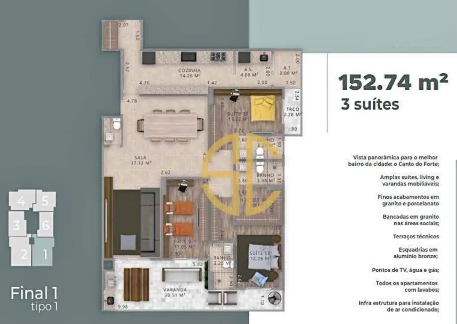 Foto 1 de Apartamento com 3 quartos à venda, 152m2 em Canto do Forte, Praia Grande - SP