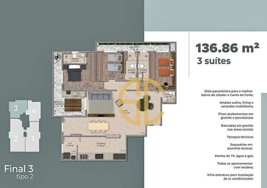 Foto 1 de Apartamento com 3 quartos à venda, 136m2 em Canto do Forte, Praia Grande - SP