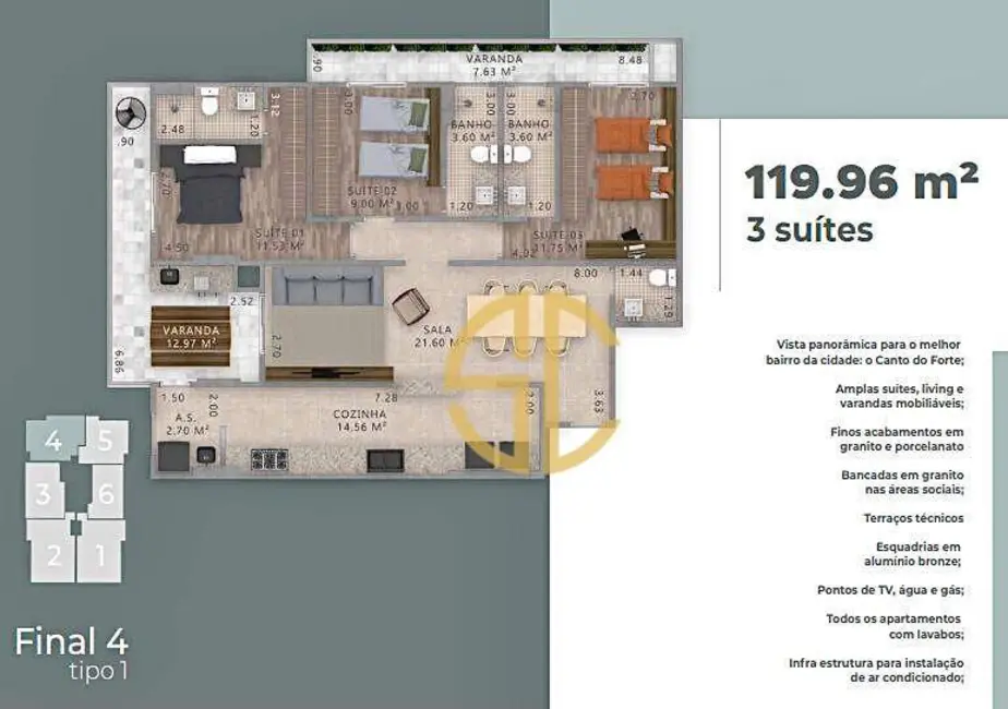 Apartamento com 3 quartos à venda, 119m2 em Canto do Forte, Praia Grande - SP - imagem 1 Foto 1 de Apartamento com 3 quartos à venda, 119m2 em Canto do Forte, Praia Grande - SP