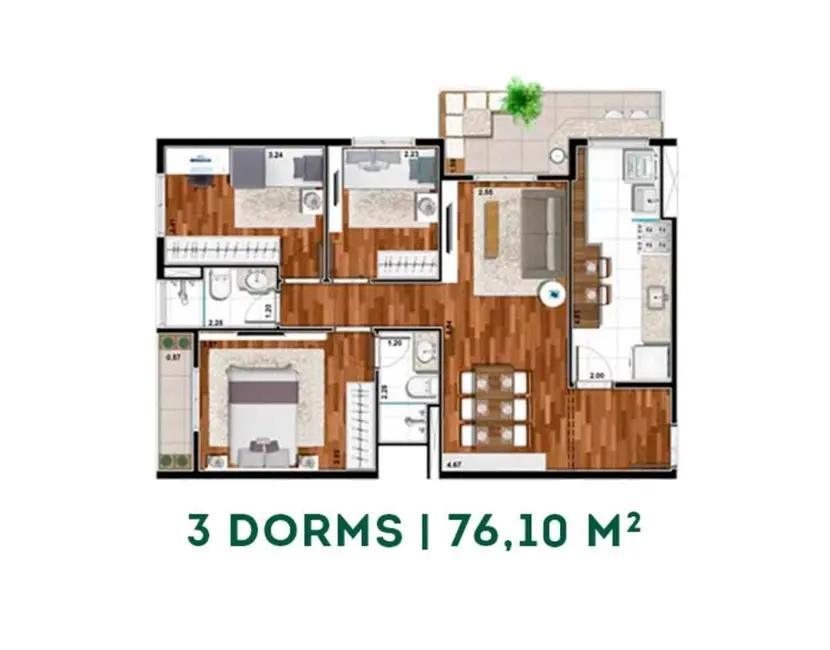 Foto 3 de Apartamento com 3 quartos para alugar, 76m2 em Jardim Tupanci, Barueri - SP