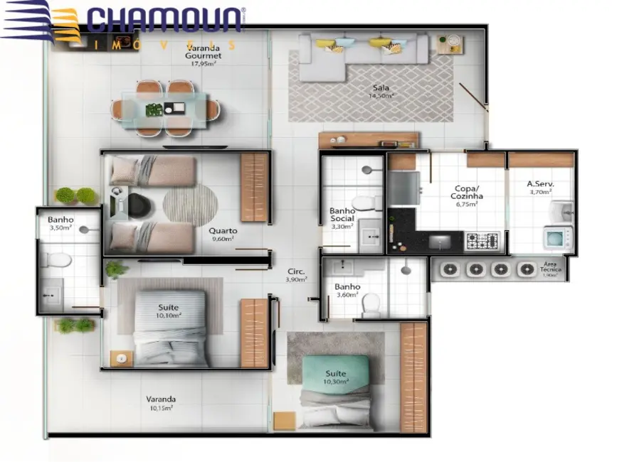 Apartamento com 3 quartos à venda, 105m2 em Praia do Morro, Guarapari - ES - imagem 6 Foto 6 de Apartamento com 3 quartos à venda, 105m2 em Praia do Morro, Guarapari - ES