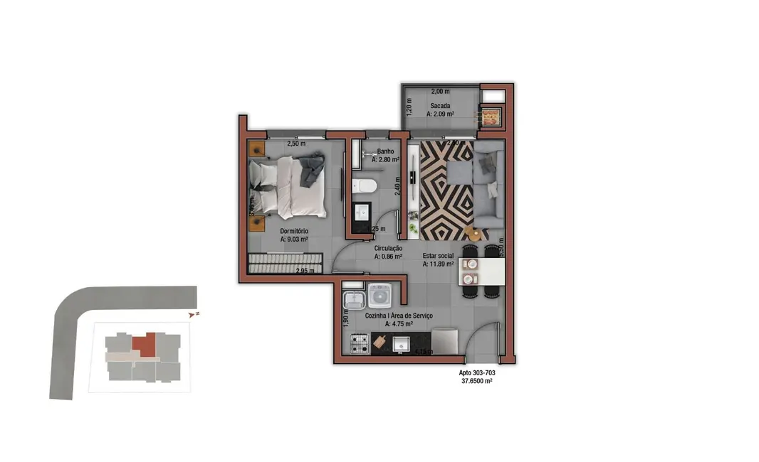 Foto 2 de Apartamento com 1 quarto à venda, 38m2 em Camobi, Santa Maria - RS
