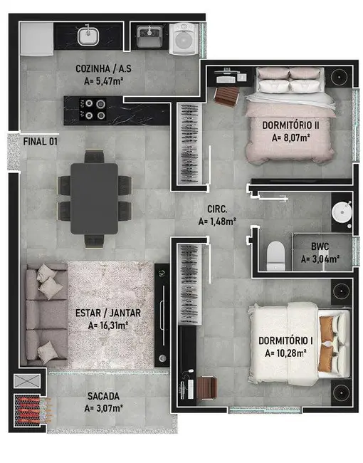 Apartamento com 2 quartos à venda, 54m2 em São Vicente, Itajai - SC - imagem 8 Foto 8 de Apartamento com 2 quartos à venda, 54m2 em São Vicente, Itajai - SC