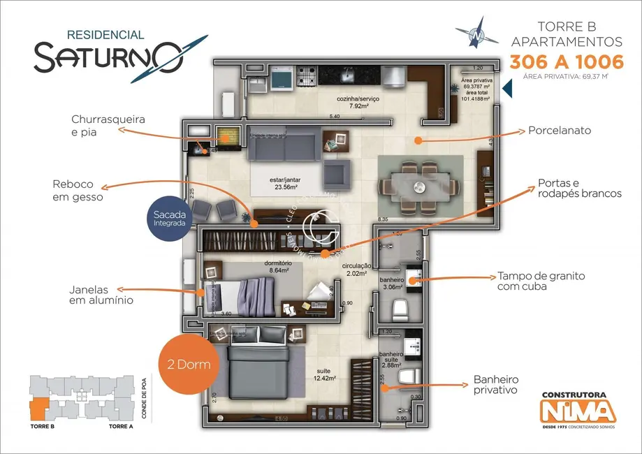 Foto 2 de Apartamento com 2 quartos à venda, 69m2 em Bonfim, Santa Maria - RS