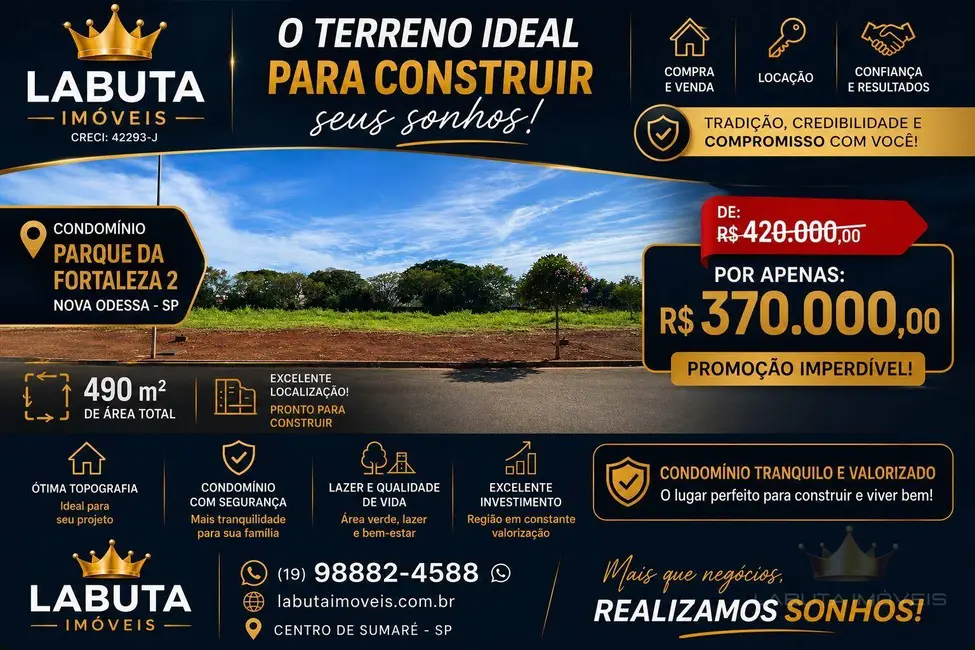 Foto 1 de Terreno / Lote à venda, 490m2 em Nova Odessa - SP