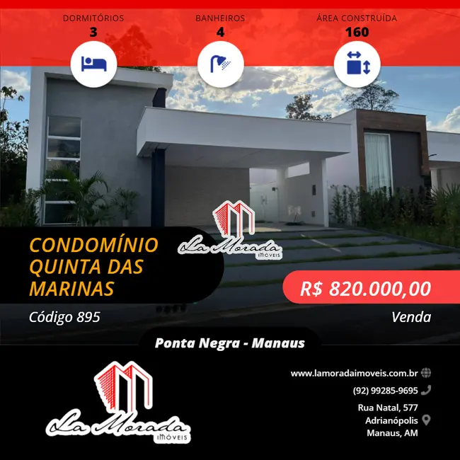 Foto 1 de Casa de Condomínio com 3 quartos à venda, 160m2 em Ponta Negra, Manaus - AM