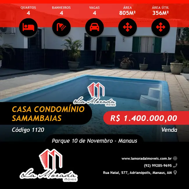 Foto 1 de Casa de Condomínio com 4 quartos à venda, 356m2 em Parque 10 de Novembro, Manaus - AM