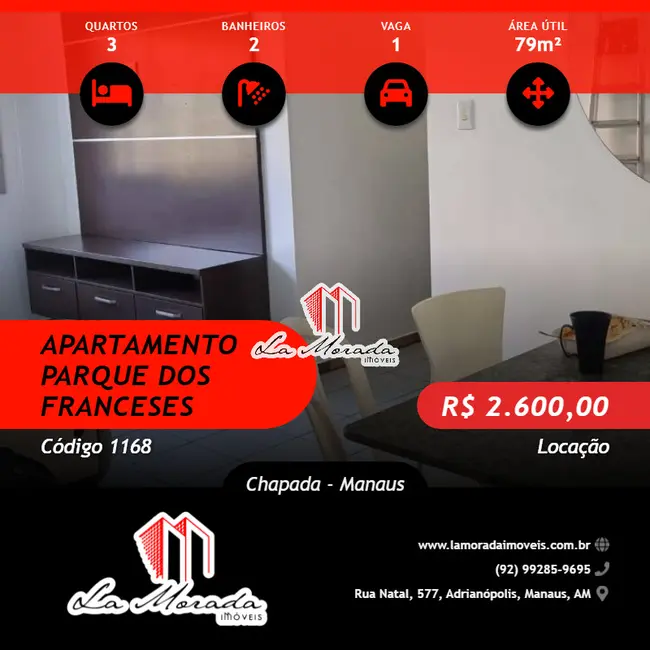 Foto 1 de Apartamento com 3 quartos para alugar, 79m2 em Chapada, Manaus - AM