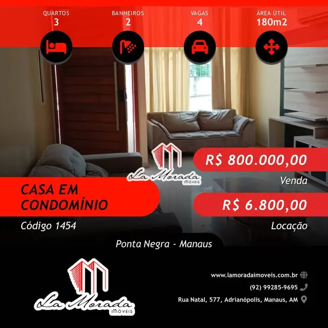 Casa de Condomínio com 3 quartos à venda e para alugar, 180m2 em Ponta Negra, Manaus - AM - imagem 1 Foto 1 de Casa de Condomínio com 3 quartos à venda e para alugar, 180m2 em Ponta Negra, Manaus - AM