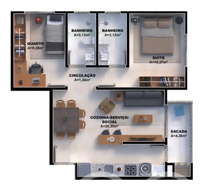 Apartamento com 2 quartos à venda, 64m2 em Nova Palhoça, Palhoca - SC - imagem 7 Foto 7 de Apartamento com 2 quartos à venda, 64m2 em Nova Palhoça, Palhoca - SC