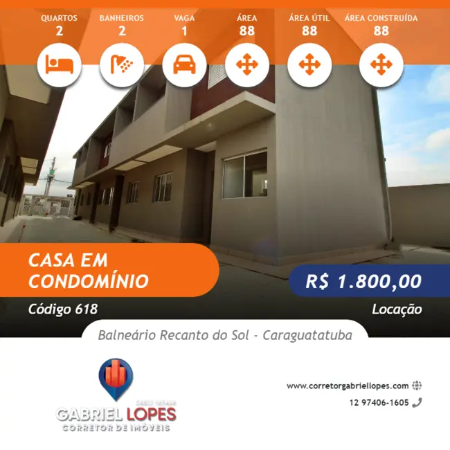 Foto 1 de Casa de Condomínio com 2 quartos para alugar, 88m2 em Balneário Recanto do Sol, Caraguatatuba - SP