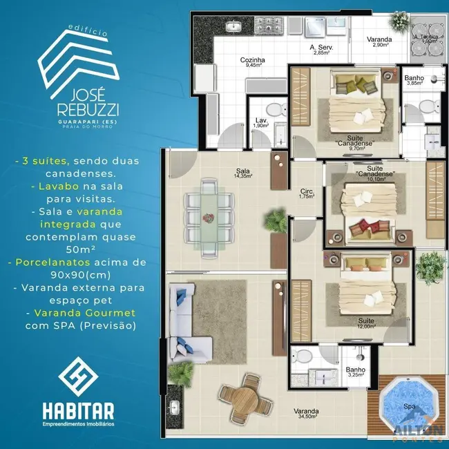 Apartamento com 3 quartos à venda, 114m2 em Praia do Morro, Guarapari - ES - imagem 5 Foto 5 de Apartamento com 3 quartos à venda, 114m2 em Praia do Morro, Guarapari - ES