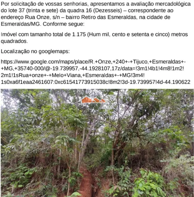 Foto 2 de Terreno / Lote à venda, 1175m2 em Esmeraldas - MG