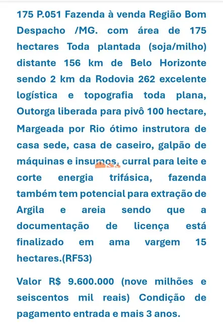 Foto 4 de Fazenda / Haras à venda, 175000m2 em Bom Despacho - MG