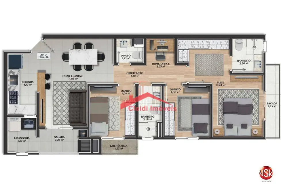 Foto 4 de Apartamento com 2 quartos à venda, 61m2 em Anita Garibaldi, Joinville - SC