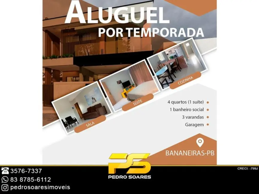 Foto 1 de Casa com 4 quartos para alugar, 200m2 em Bananeiras - PB