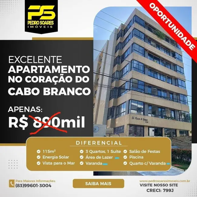 Foto 1 de Apartamento com 3 quartos à venda, 115m2 em Cabo Branco, Joao Pessoa - PB