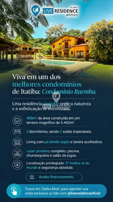 Casa de Condomínio com 3 quartos à venda, 458m2 em Condomínio Itaembu, Itatiba - SP - imagem 1 Foto 1 de Casa de Condomínio com 3 quartos à venda, 458m2 em Condomínio Itaembu, Itatiba - SP