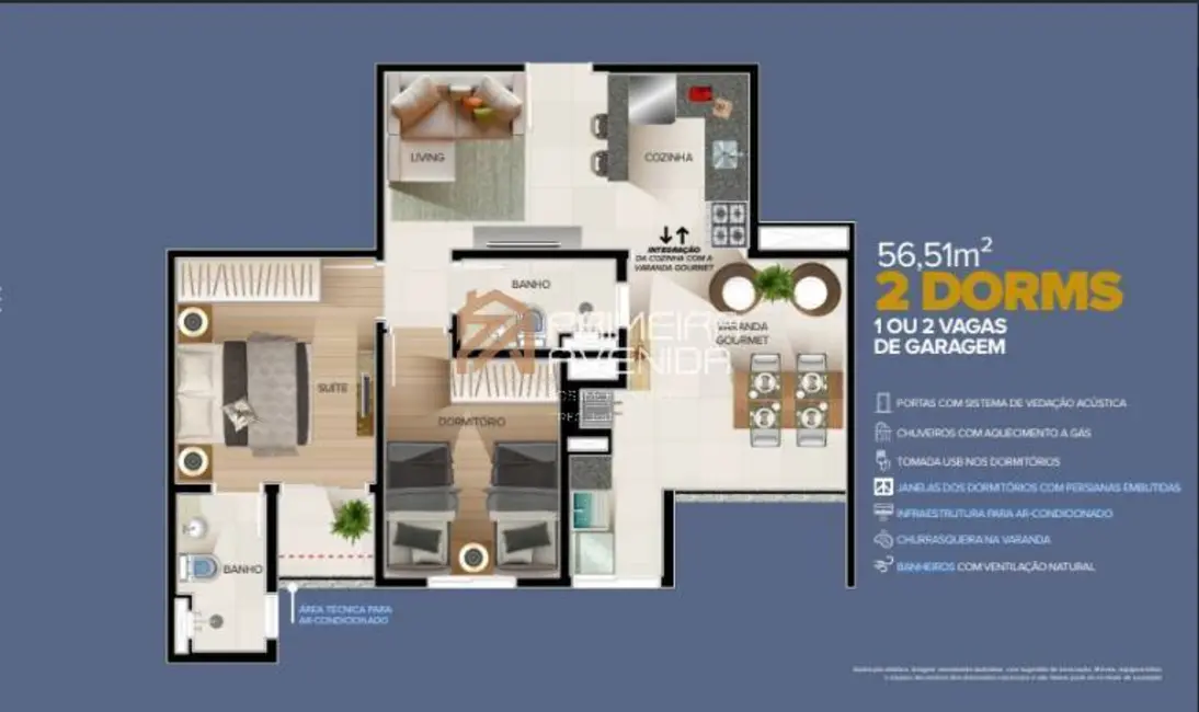 Foto 2 de Apartamento com 2 quartos à venda, 56m2 em Sao Jose Dos Campos - SP