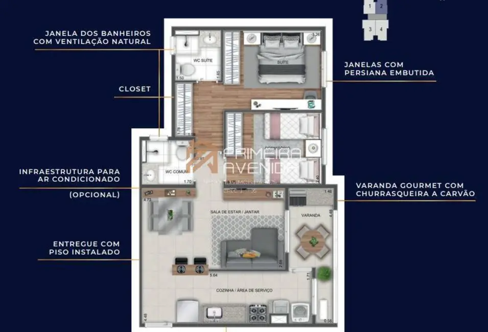 Foto 4 de Apartamento com 2 quartos à venda, 60m2 em Sao Jose Dos Campos - SP