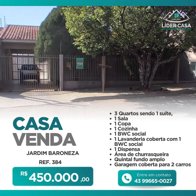 Foto 1 de Casa com 3 quartos à venda, 171m2 em Jardim Baroneza, Arapongas - PR