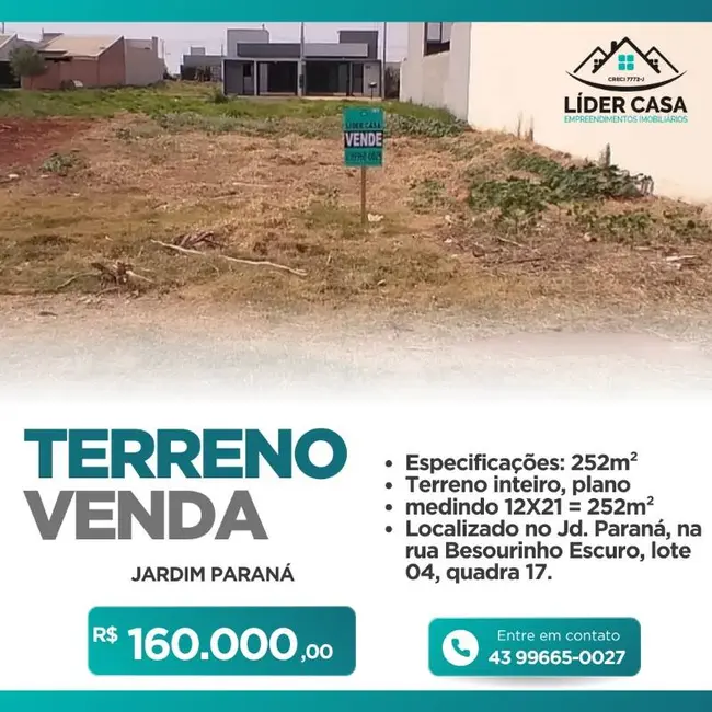 Foto 1 de Terreno / Lote à venda, 252m2 em Arapongas - PR