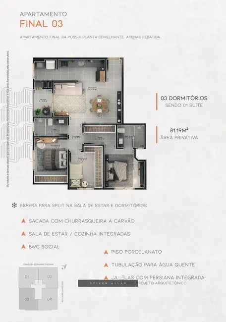 Foto 5 de Apartamento com 3 quartos à venda, 81m2 em São Cristóvão, Criciuma - SC